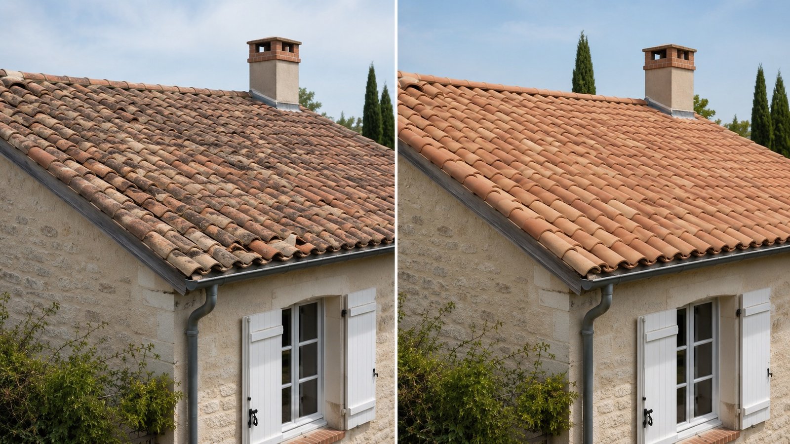 Avant après d’un nettoyage de toiture en tuiles