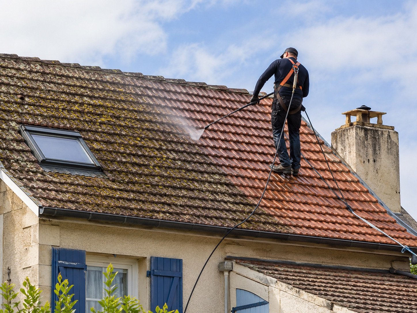 Couvreur nettoyant une toiture en tuiles