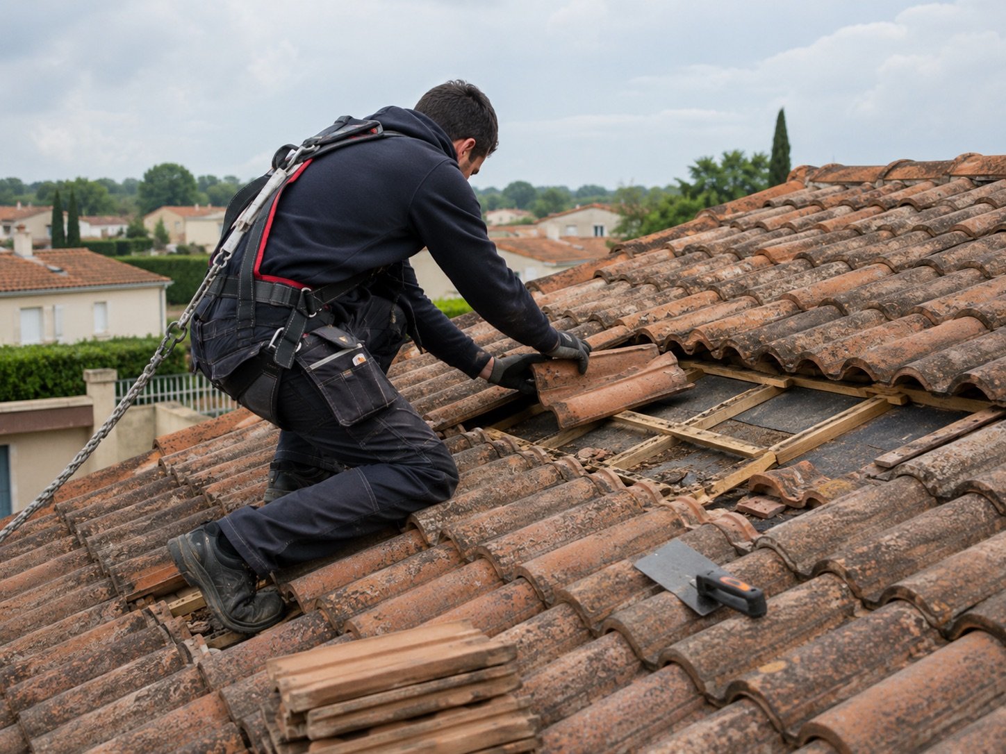 Couvreur remplaçant des tuiles sur une toiture